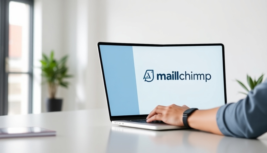 Un espacio de trabajo moderno y limpio con una persona trabajando en una computadora portátil, mostrando una pantalla dividida con Airtable y Mailchimp.