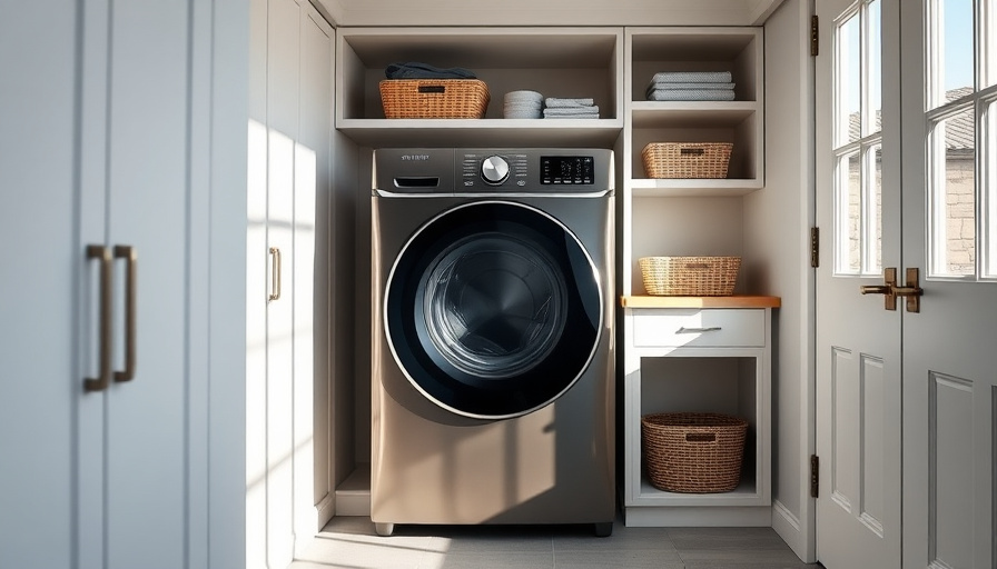 A modern, bright laundry room with a sleek, built-in Samsung Bespoke AI Aerodresser as the focal point. Natural light st