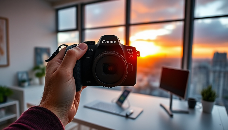 A person holding a Canon EOS R50 camera, taking a photo of a vibrant cityscape at sunset. Modern workspace photography, 