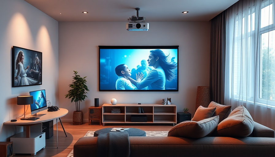 A cozy living room setup with a projector displaying a movie on the wall, soft lighting, and a comfortable couch. Modern