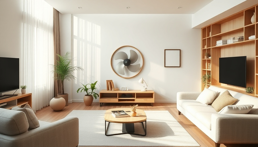 A modern living room with a 발뮤다 더 그린팬, soft natural light, minimalist decor, focus on the fan's design.