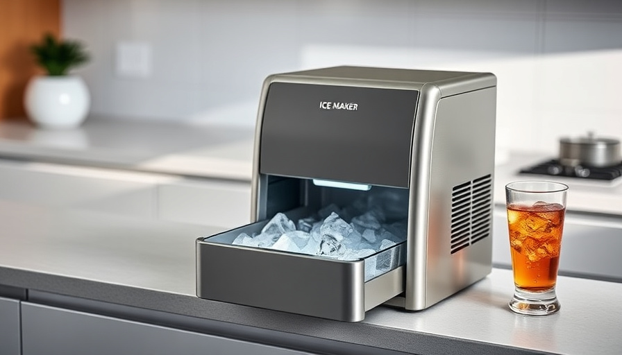 A modern kitchen counter with a sleek, compact ice maker. Freshly made ice cubes are visible in the ice bin, and a glass