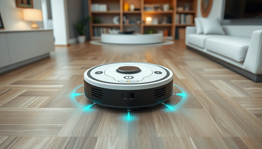 A close-up shot of a robot vacuum cleaner navigating a complex room layout, highlighting its AI-powered obstacle avoidan
