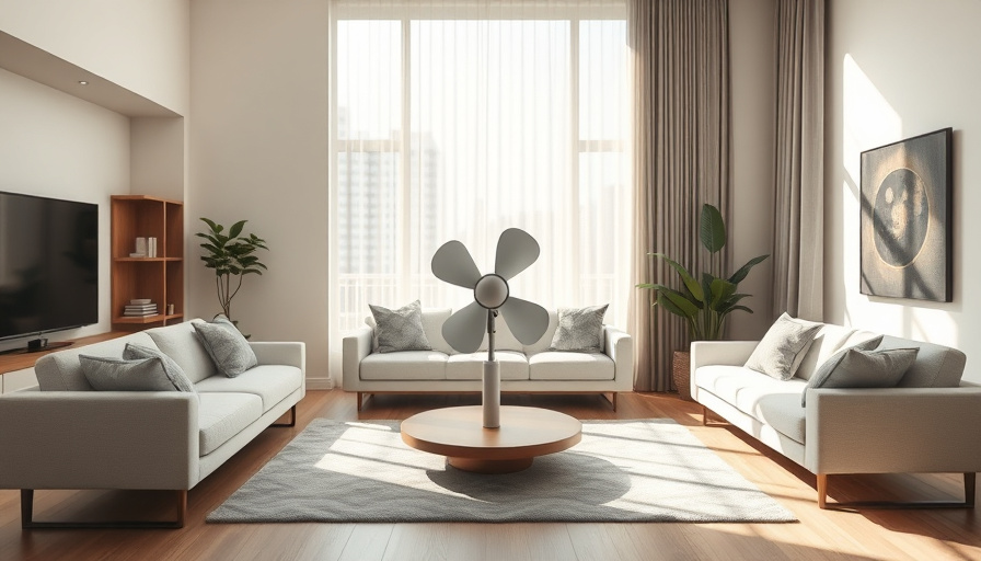 A modern living room with a 발뮤다 그린팬 S in the center, soft natural light, minimalist decor, focus on the fan's design.