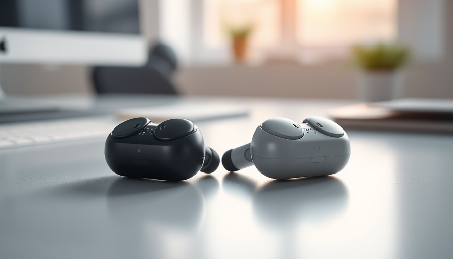 A close-up shot of two pairs of wireless earbuds, one black and one white, resting on a clean, minimalist desk. Soft, na