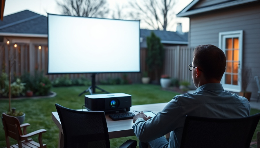 A person enjoying a movie outdoors with a projector displaying on a screen set up in a backyard. Modern workspace photog