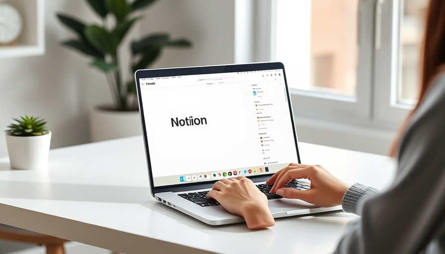 Moderne Arbeitsplatzfotografie, eine Person arbeitet an einem Laptop, wobei Notion und Airtable nebeneinander geöffnet sind, natürliches Licht.