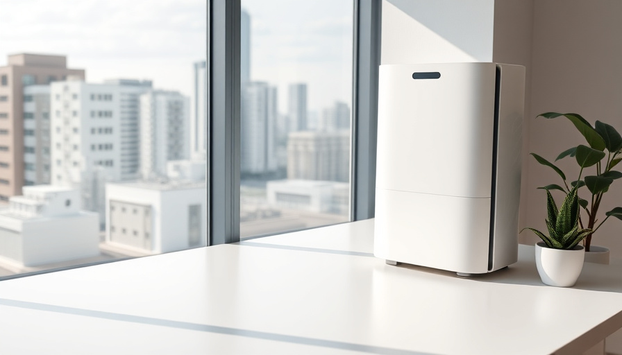 Modern workspace photography, a clean desk with a window showing a cityscape, a sleek air purifier in the background, na