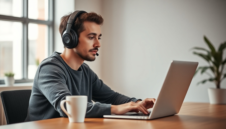 Modern workspace photography, person wearing noise-cancelling headphones at a desk with a laptop and coffee cup, natural