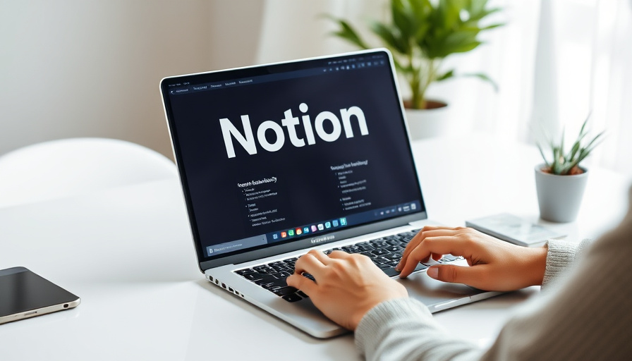 Modern workspace photography, a person working on a laptop with a clean desk, Notion interface visible on the screen, na
