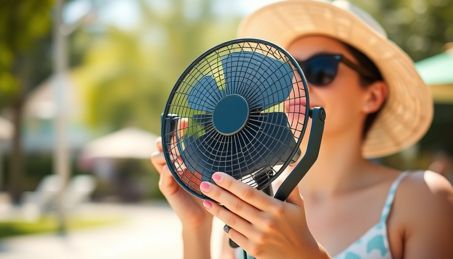 A person enjoying a hot summer day outdoors, holding a portable fan. Bright, sunny day, shallow depth of field, bokeh ba