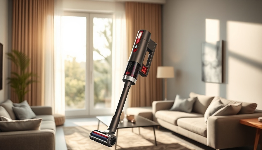A modern living room with a person holding a Homeoria cordless vacuum cleaner, sunlight streaming through a window, emph
