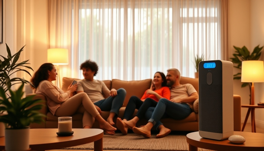 a comfortable living room scene, a family relaxing with an air purifier in the background, a sense of well-being and cle