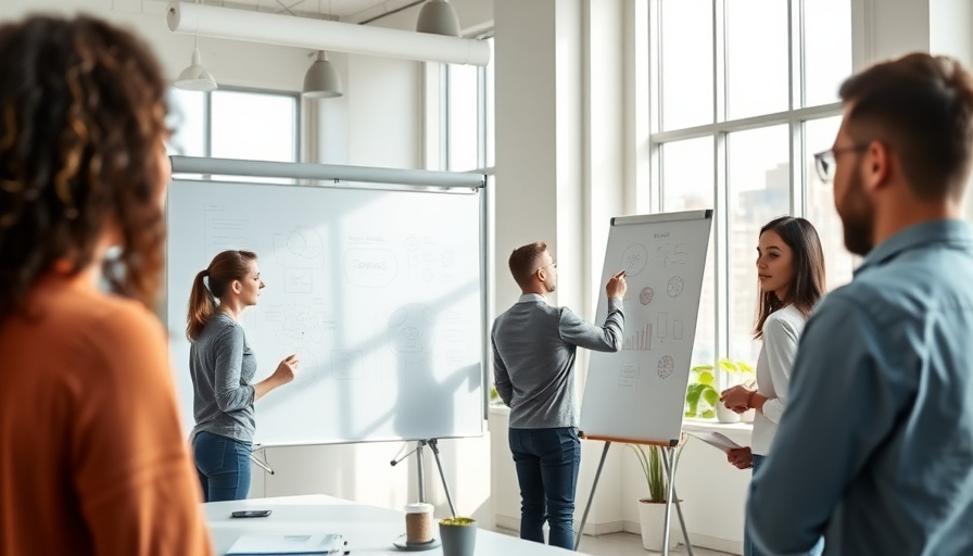 Un espacio de trabajo moderno y luminoso con una persona dibujando ideas en una pizarra digital, ambiente colaborativo, luz natural.