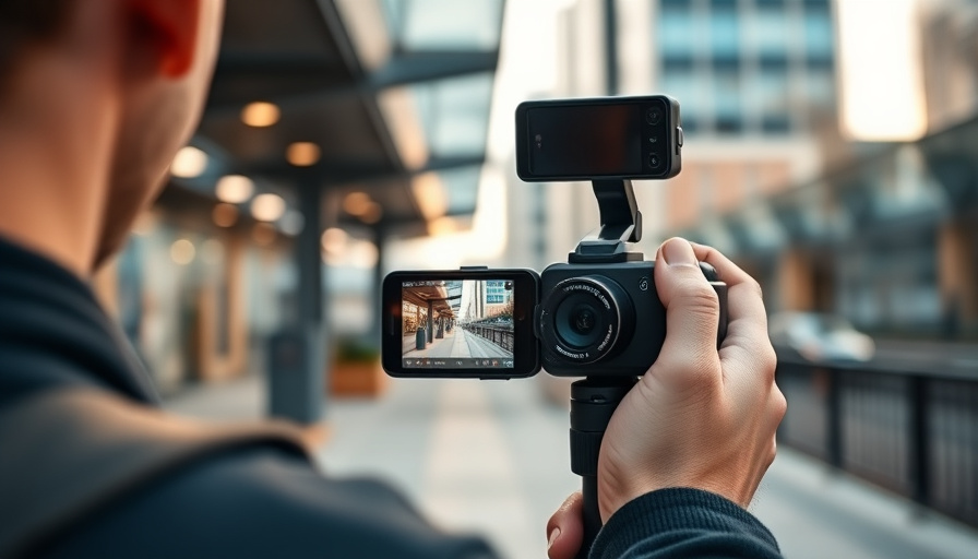 A person holding a DJI Osmo Pocket 3, filming a vlog in a modern urban setting. Natural lighting, shallow depth of field