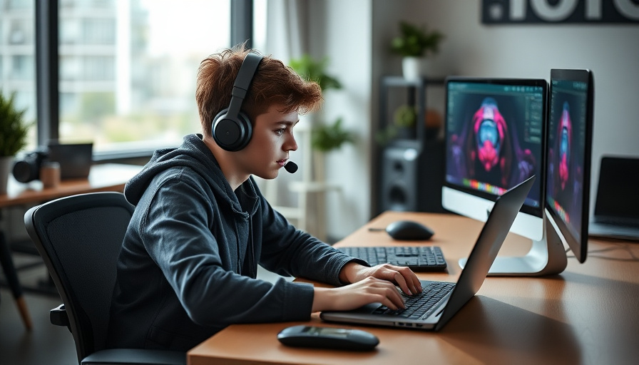 Modern workspace photography, a student working on a laptop with a gaming theme, natural lighting. No text, no logos, no
