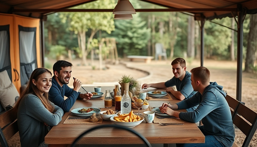 Modern workspace photography, a family enjoying a meal around a large, extended camping table outdoors, natural lighting