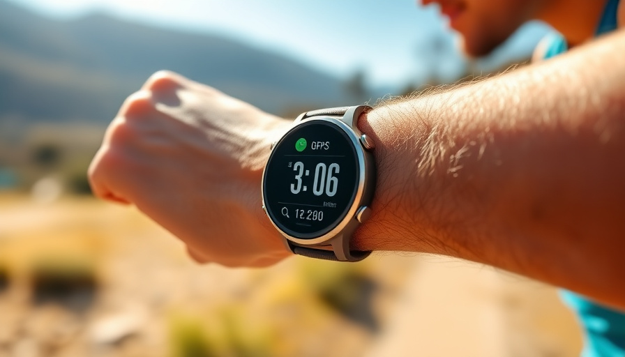 A person exercising outdoors (running or hiking) while wearing a smartwatch. The smartwatch screen shows GPS data and he