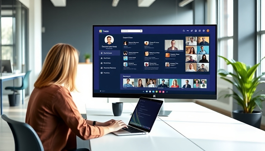 A modern office workspace with a person working on a laptop, surrounded by a Microsoft Teams interface on the screen, em