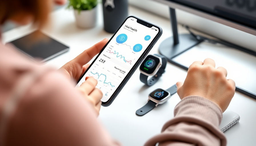 A person reviewing health data on their smartphone, with a smartwatch displayed on a desk. The scene conveys a sense of 