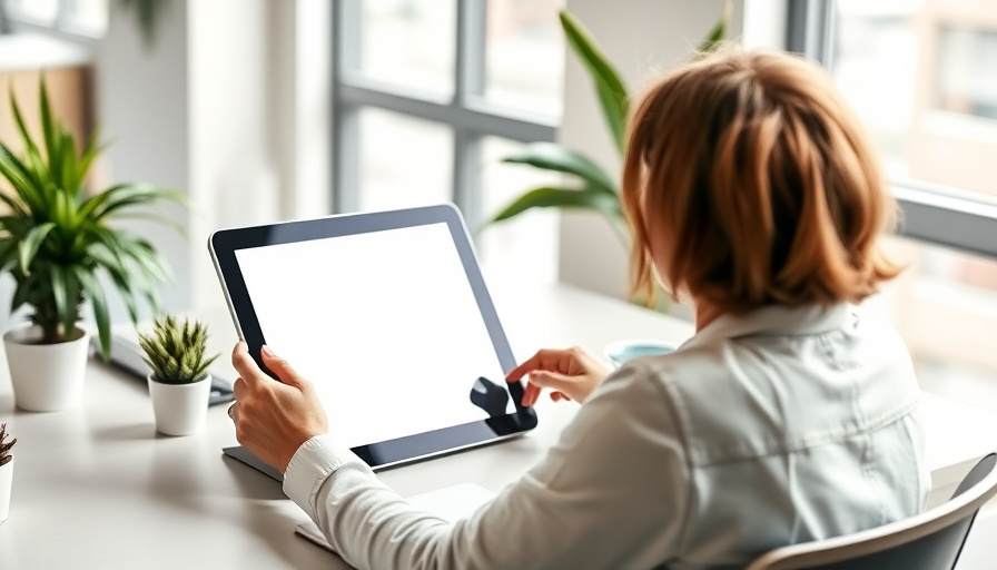 A modern workspace with a person using a large tablet, natural lighting, focus on the screen, minimal desk.
