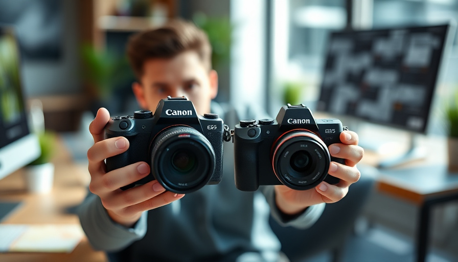 Modern workspace photography, a person holding a Canon EOS R50 and EOS R50 V, natural lighting, shallow depth of field, 