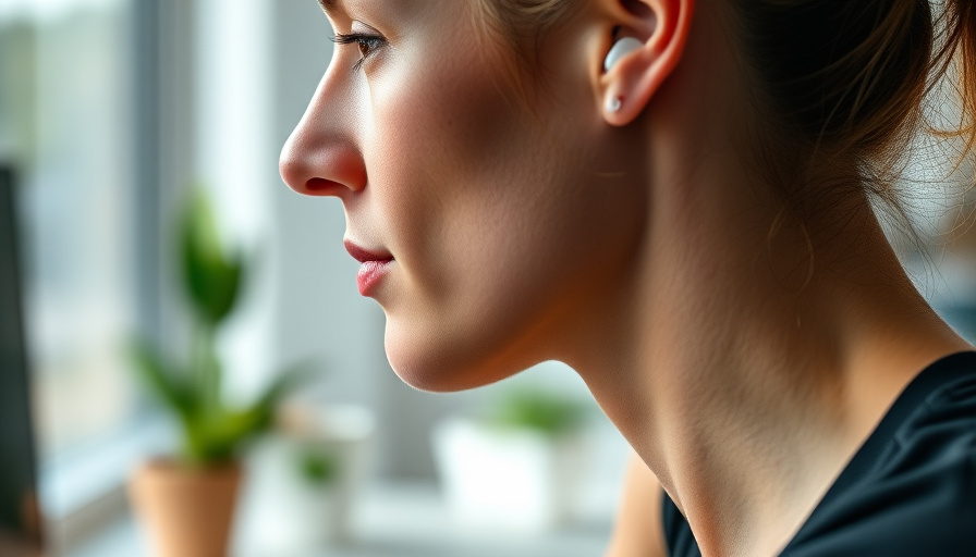 Modern workspace photography, close-up of a person wearing wireless earbuds while exercising, natural lighting, shallow 