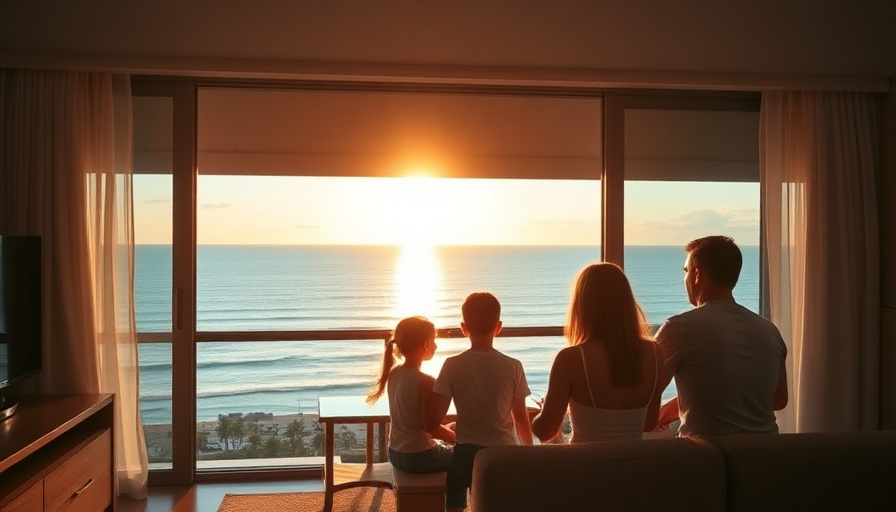cinematic travel photography, family enjoying ocean view from a hotel room, golden hour, warm colors, photorealistic.