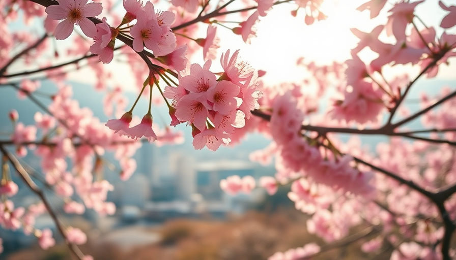 cinematic travel photography, cherry blossoms in full bloom, Busan cityscape in the background, soft sunlight, vibrant c