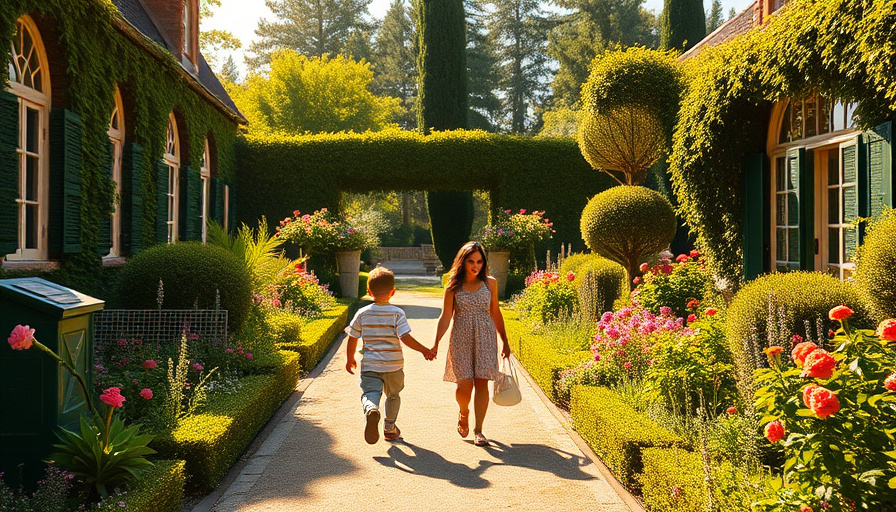 Cinematic travel photography, family walking through a beautiful French garden with lush greenery and flowers, sunny day