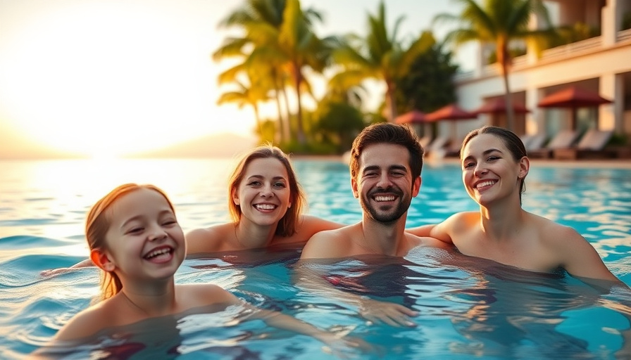 cinematic travel photography, family enjoying a pool day at a luxurious resort in Da Nang, golden hour, bright and cheer