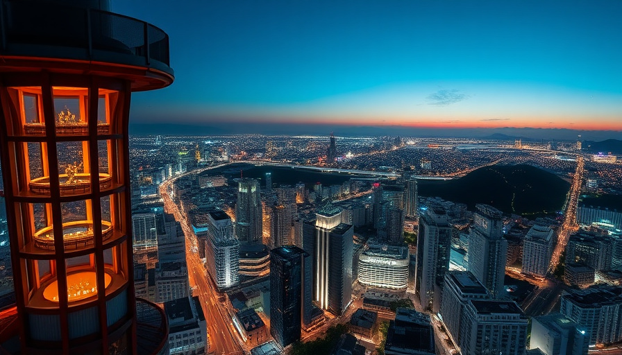 Fotografía de viajes cinematográfica, una vista panorámica de Fukuoka desde la Torre de Fukuoka, luces de la ciudad por la noche, cielo despejado, fotorrealista