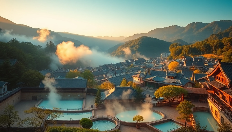 cinematic travel photography, a panoramic view of a Korean onsen town nestled in mountains, steam rising from outdoor ba