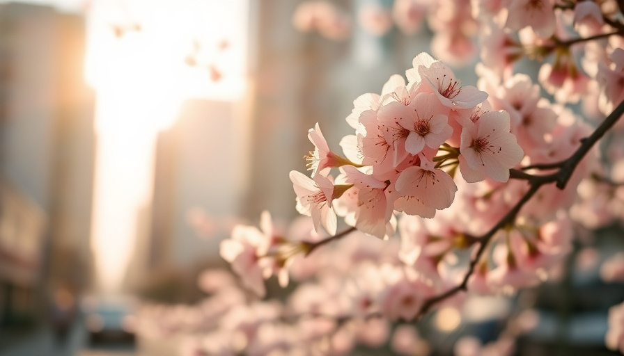 Fotografía de viajes cinematográfica, cerezos en flor con enfoque suave en Seúl, luz del sol primaveral, fondo borroso de edificios de la ciudad.