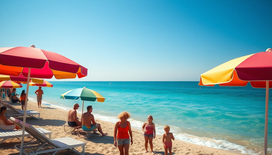 cinematic travel photography, family vacation, beautiful beach, colorful umbrellas, clear blue water, sunny day, golden 