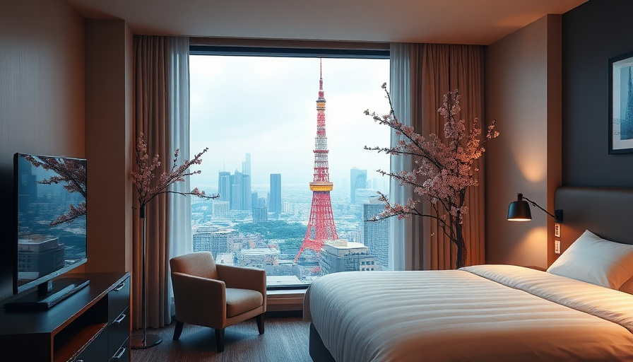 modern hotel room with a view of Tokyo Tower, cherry blossoms visible through the window, cozy atmosphere, warm lighting