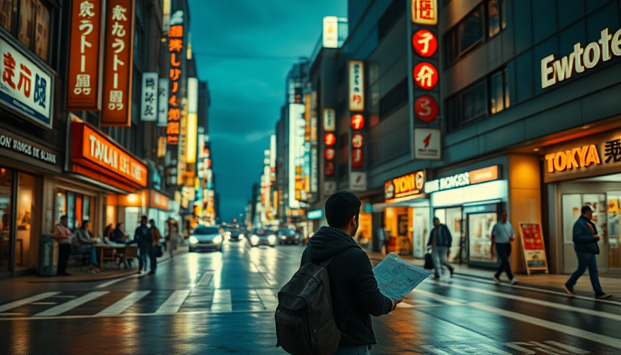 Fotografía de viajes cinematográfica, una bulliciosa calle de Tokio al anochecer, luces de neón reflejándose en el pavimento mojado, un viajero solitario.