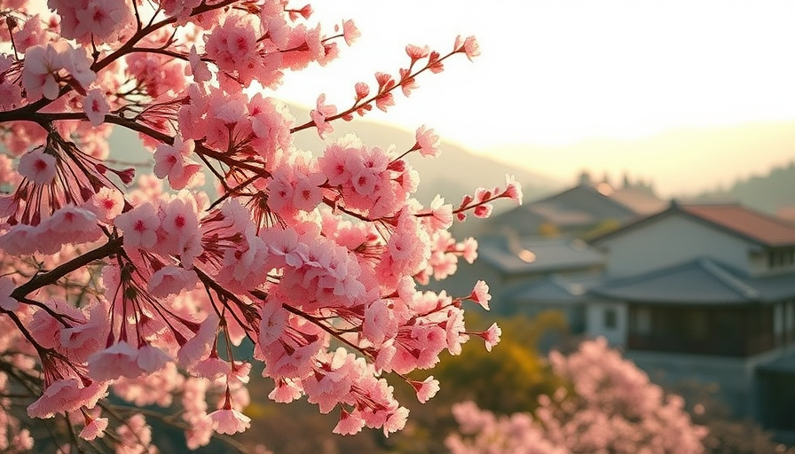 cinematic travel photography, cherry blossoms in full bloom, a picturesque scene of a Korean landscape with traditional 