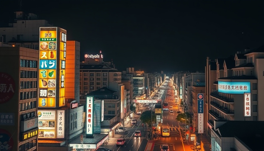Fotografía de viajes cinematográfica, vibrante paisaje urbano de Fukuoka por la noche, hoteles iluminados, calles bulliciosas, hora dorada,