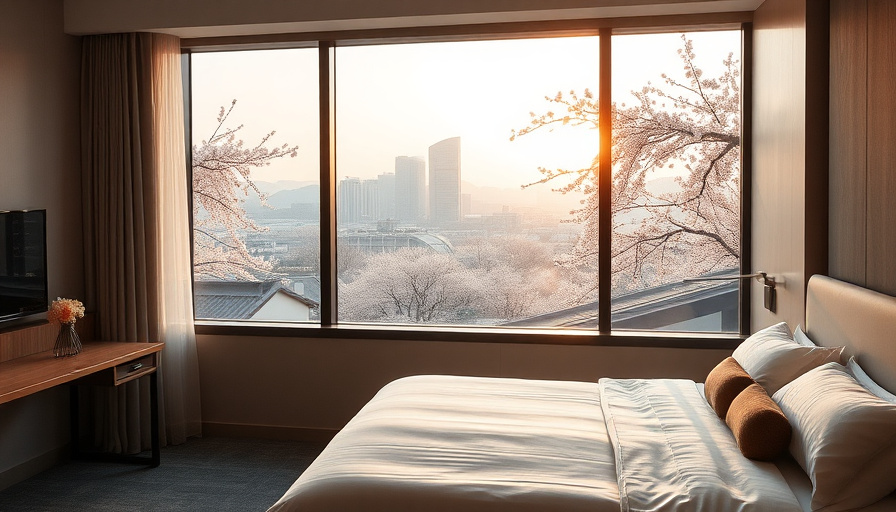 A stylish hotel room with a large window overlooking the Yeouido cherry blossom viewing path, with a comfortable bed and