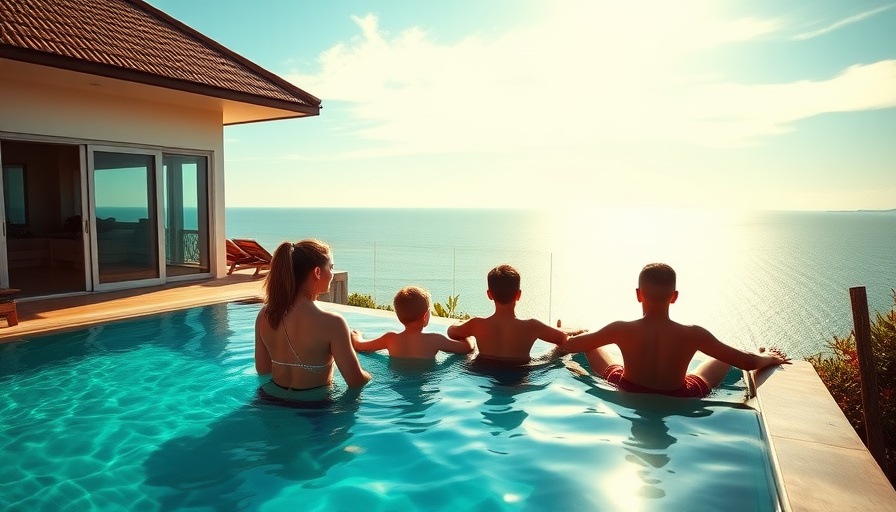 cinematic travel photography, a family enjoying a villa with an infinity pool overlooking the ocean in Phu Quoc, sunny d