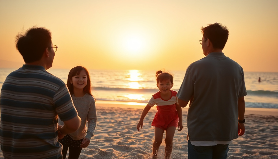 Cinematic travel photography, wide shot of a family enjoying a beach at sunset in Gangneung, golden hour lighting, calm 