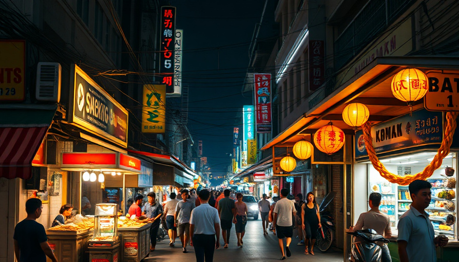 cinematic travel photography, bustling Bangkok street at night, vibrant colors, street food stalls, people walking, gold