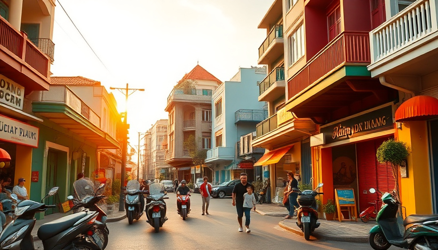 cinematic travel photography, a vibrant street scene in Da Nang with colorful buildings, scooters, and people walking, g