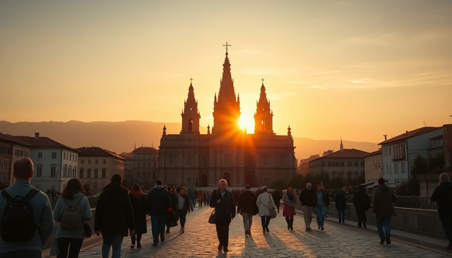 cinematic travel photography, a wide shot of Santiago de Compostela's cathedral at sunrise, golden hour, with pilgrims w