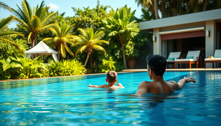 cinematic travel photography, a family relaxing by the pool at Melia Vinpearl Danang Riverfront, lush greenery, sunny da