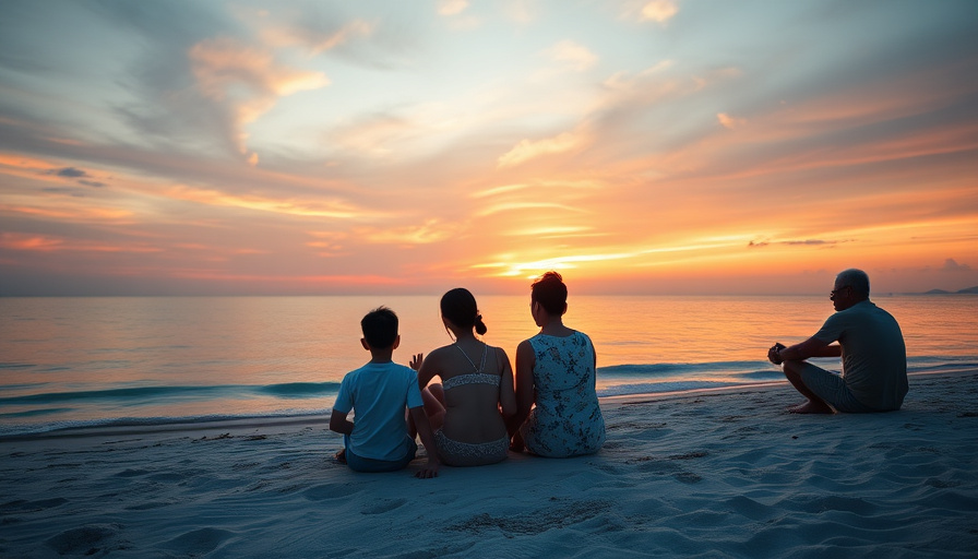 cinematic travel photography, family enjoying sunset on a beach in Phu Quoc, calm ocean, vibrant colors, golden hour.