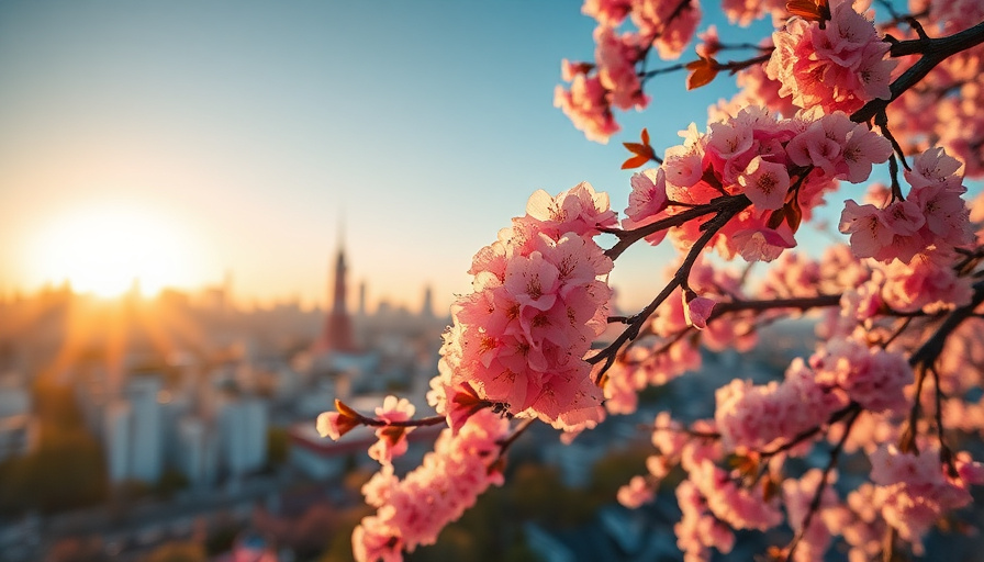 cinematic travel photography, cherry blossoms in full bloom, Tokyo cityscape in the background, soft sunlight, golden ho