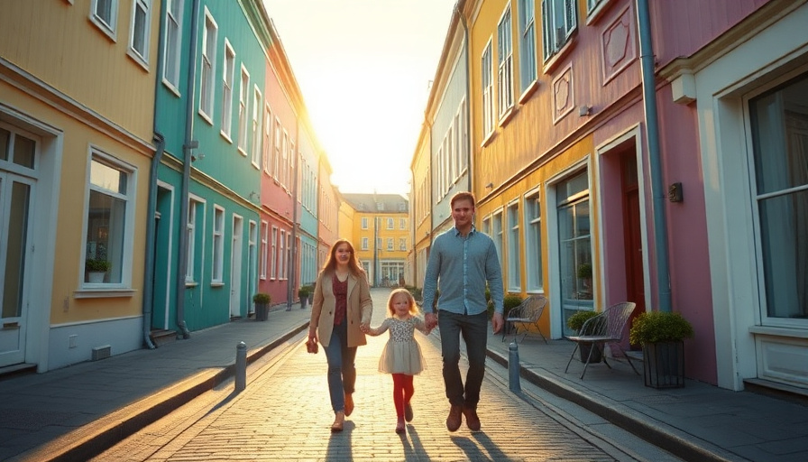 cinematic travel photography, family walking on a colorful street in Reykjavik, sunny day, golden hour, cobblestone stre