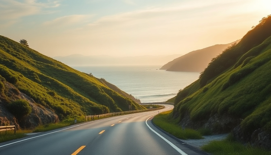 cinematic travel photography, a beautiful coastal road in Gangneung, South Korea, with lush green hills and the ocean in